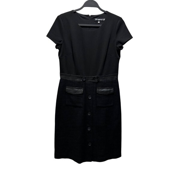 Karl Lagerfeld Paris Black Short-Sleeve Dress W/ Faux Leather Trim Size 8 - Picture 1 of 9